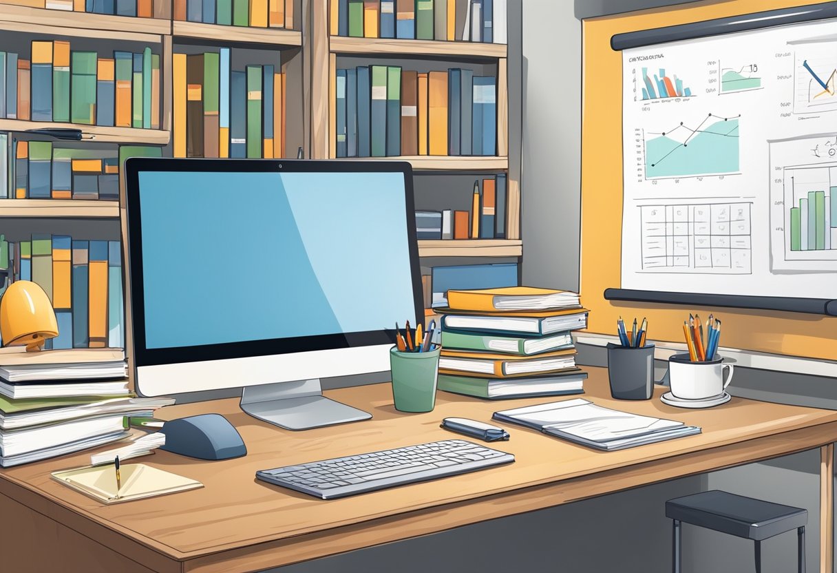 A desk with a laptop, pen, and paper. A bookshelf filled with reference materials. A whiteboard with a brainstorming chart. A clock on the wall