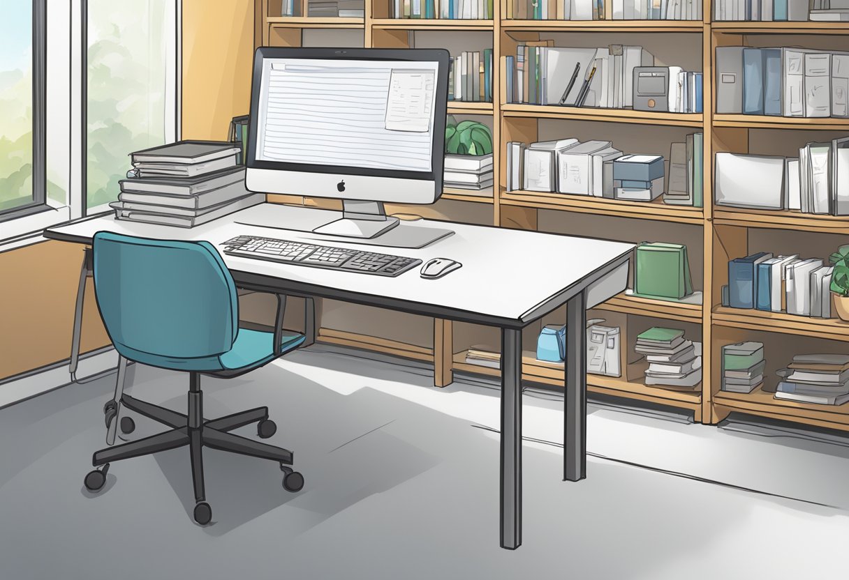 A desk with a computer, pen, and paper. A bookshelf filled with bid writing resources. A whiteboard with key communication skills listed