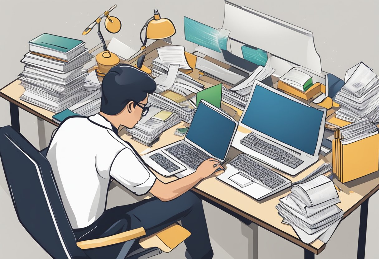 A person typing on a computer, surrounded by papers and notebooks, with a focused expression