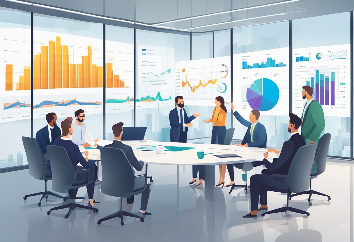 A group of professionals discussing financial services RFP in a boardroom with charts and graphs displayed on a large screen