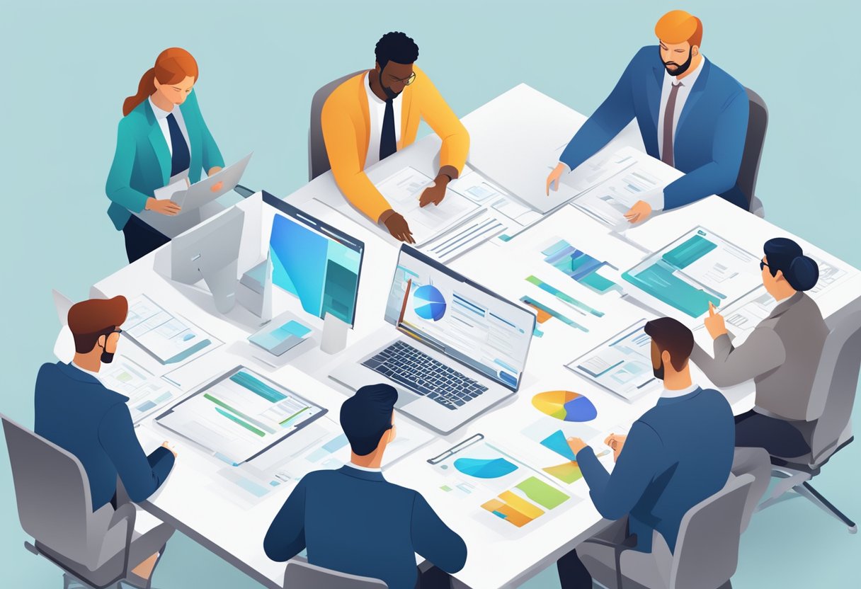 A team of professionals collaborates on a digital platform, organising and strategizing RFP responses. Multiple documents and communication tools are visible