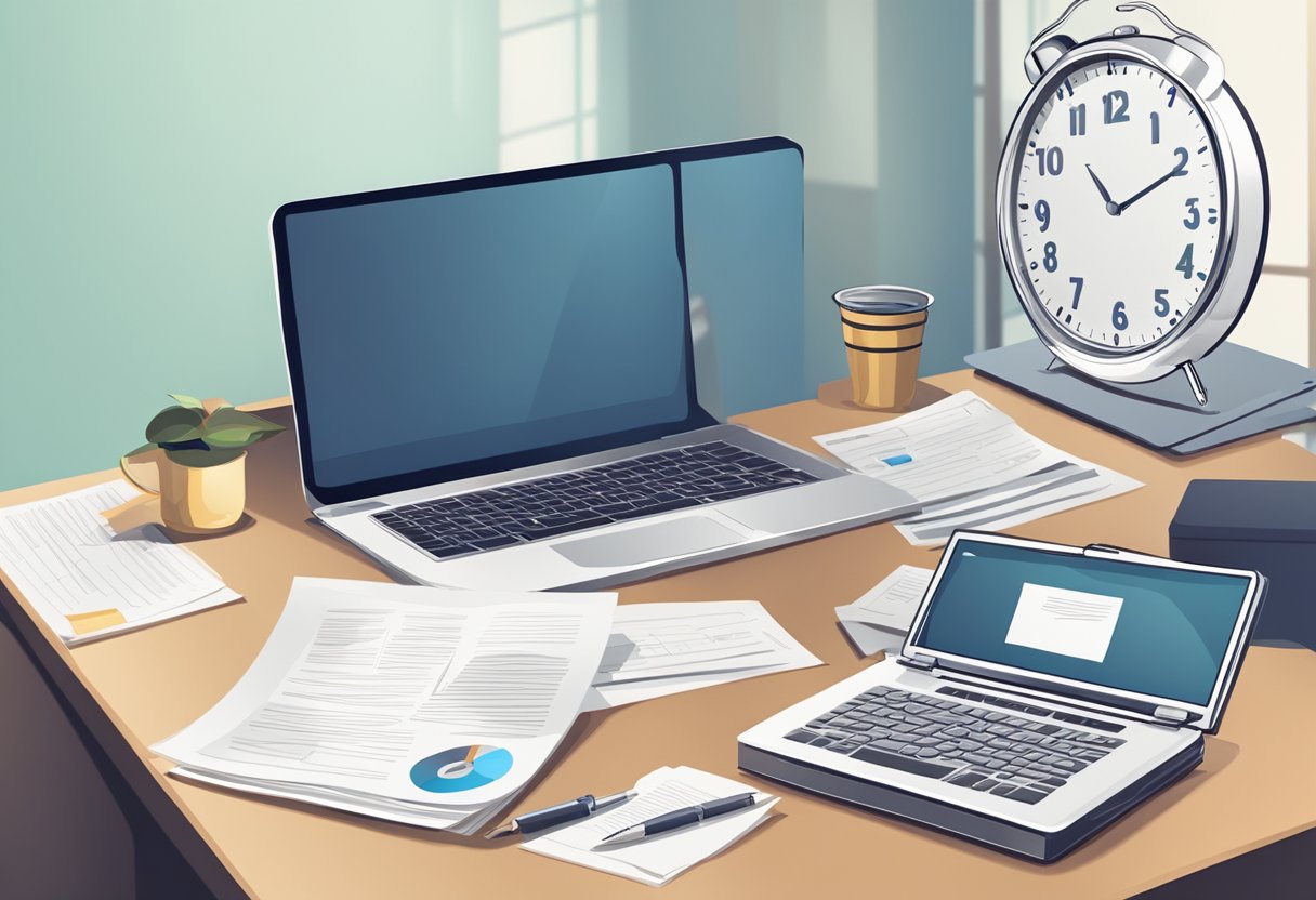 A desk with a laptop, papers, and a pen. A clock on the wall shows a deadline approaching. A stack of financial documents sits nearby