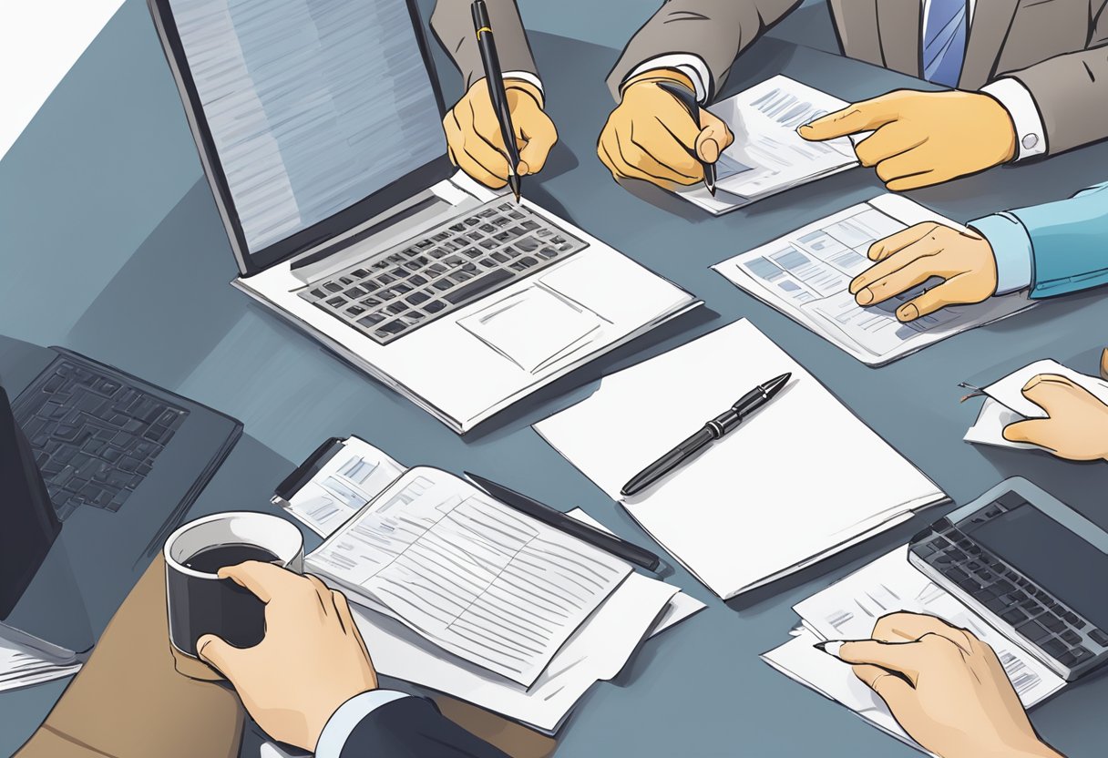 The two parties sit at a table, reviewing and signing documents. A stack of papers, pens, and a laptop are visible, indicating the negotiation and implementation of a financial services partnership