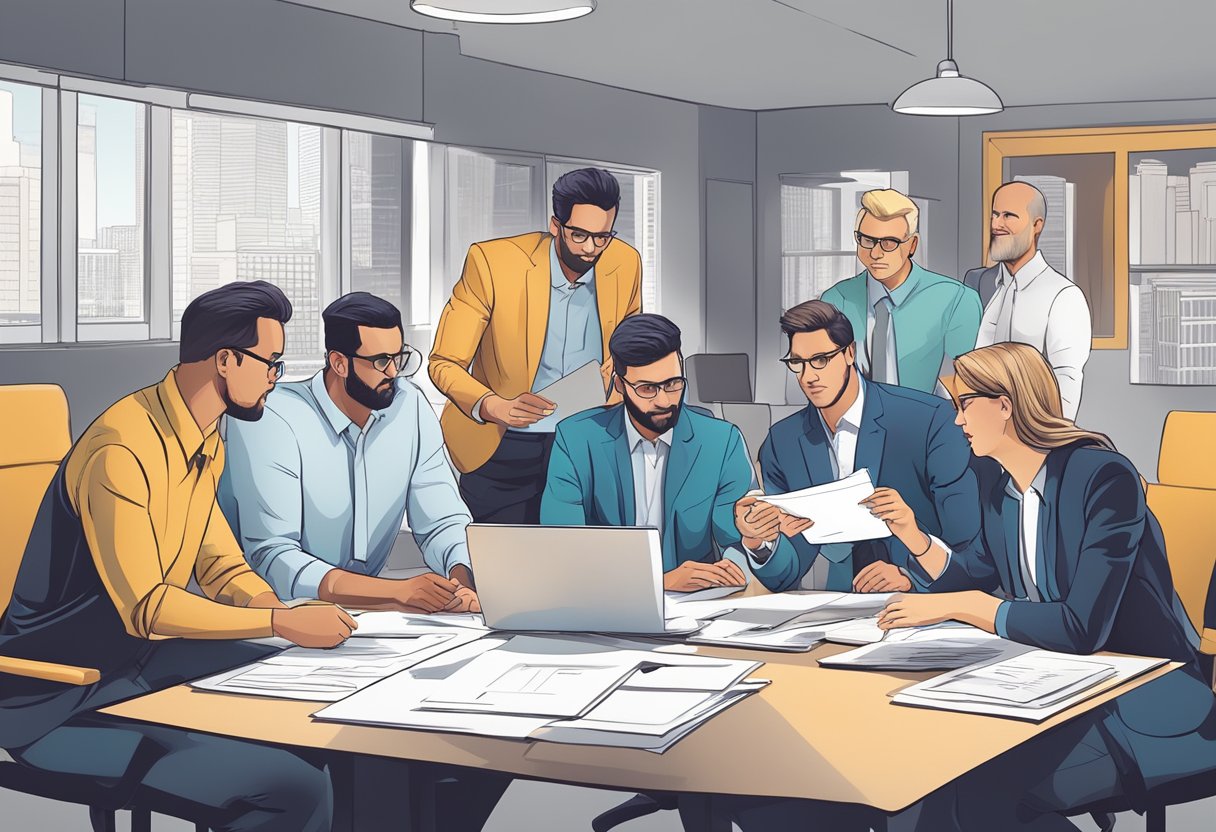 A group of professionals reviewing vendor options, analyzing data, and drafting a request for proposal document