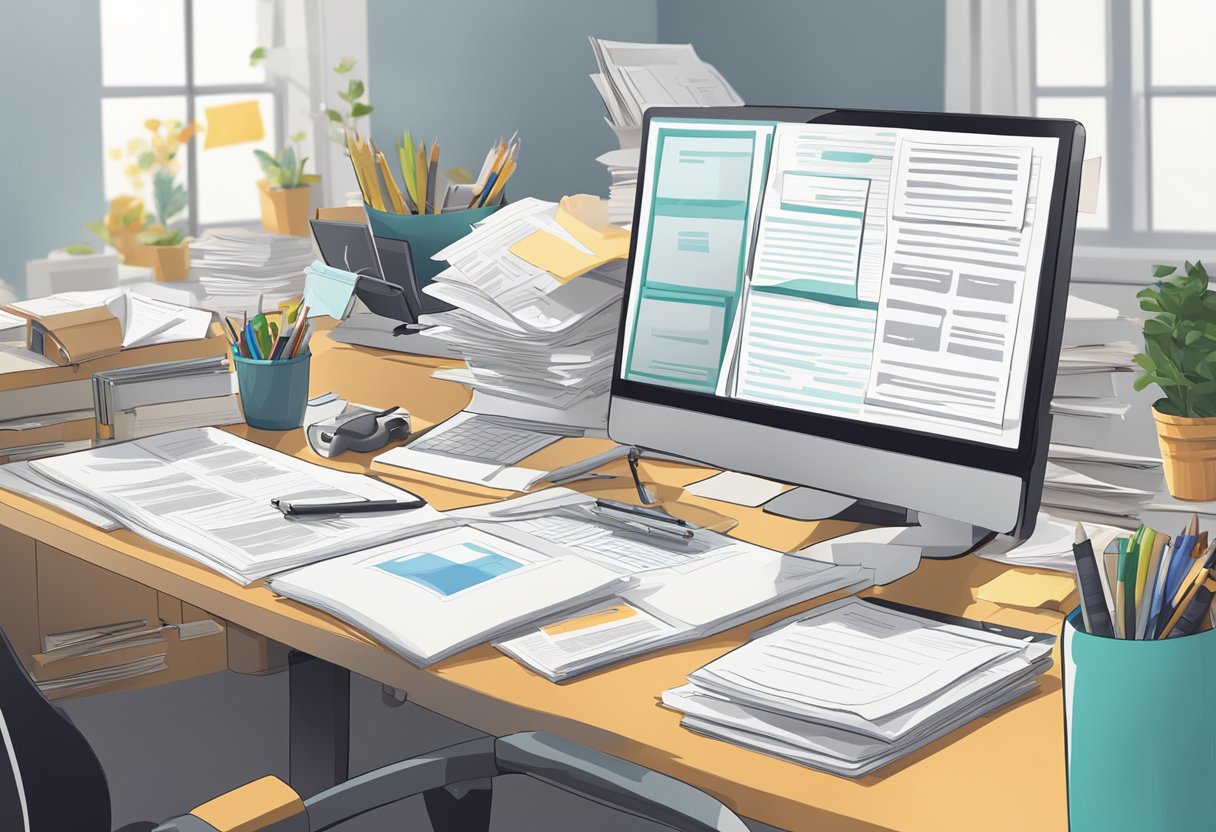 A desk cluttered with RFP documents, a computer screen displaying a well-crafted response, a celebratory fist pump in the air