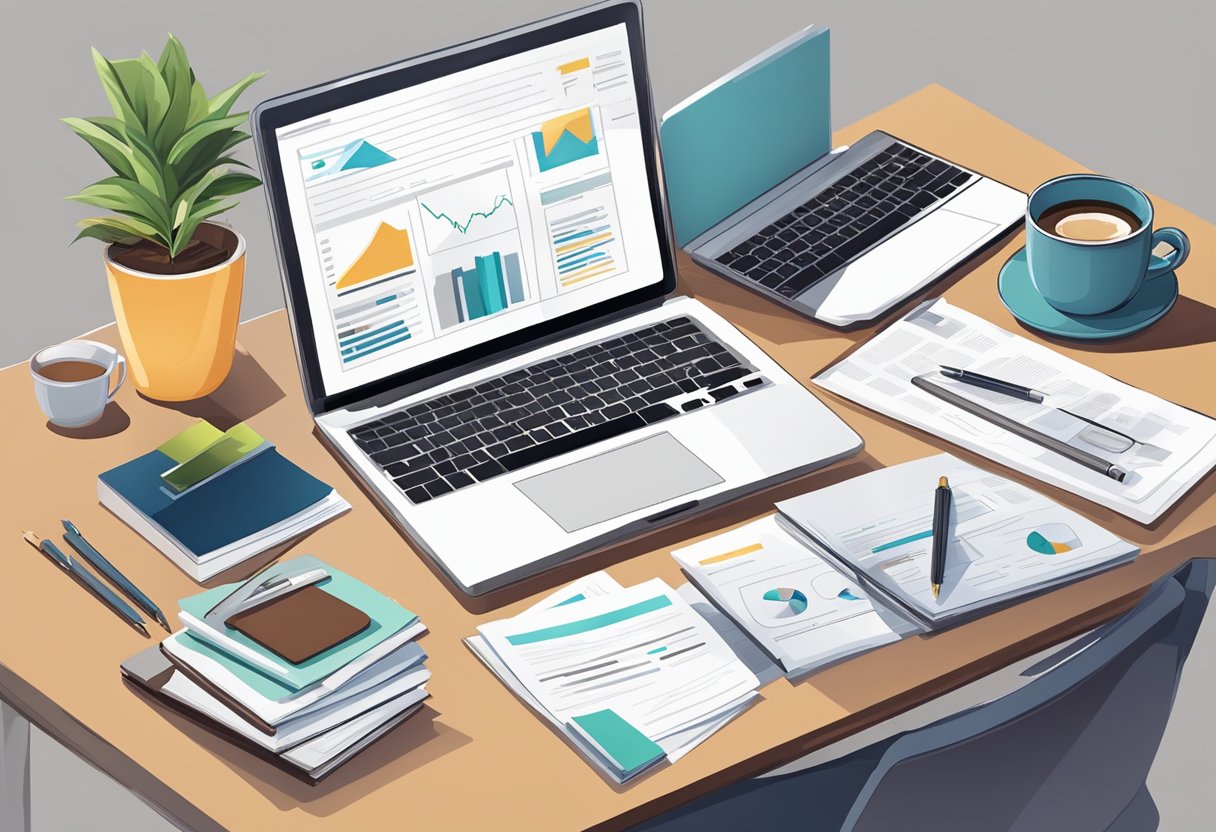 A desk with a neatly organized stack of documents, a laptop open to a presentation, and a cup of coffee ready for a successful proposal review