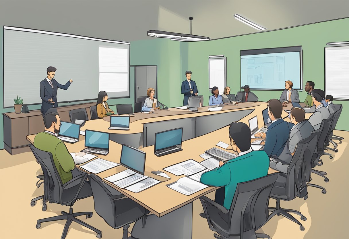 A conference room table with documents, laptops, and a projector, surrounded by a group of professionals engaged in discussion and review