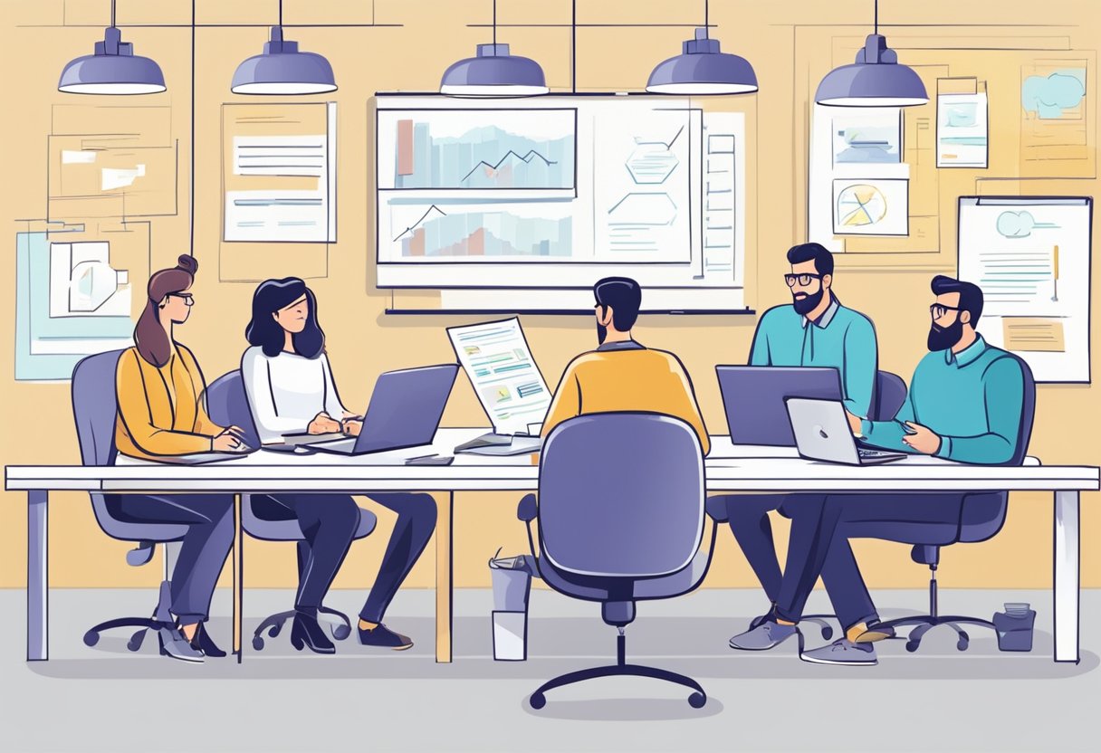 A small proposal team collaborates on sales strategies. They brainstorm, write, and design proposals to support the sales process