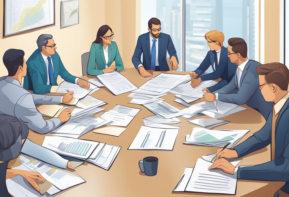 Stakeholders review due diligence questionnaires in a boardroom, analysing documents and discussing strategic considerations