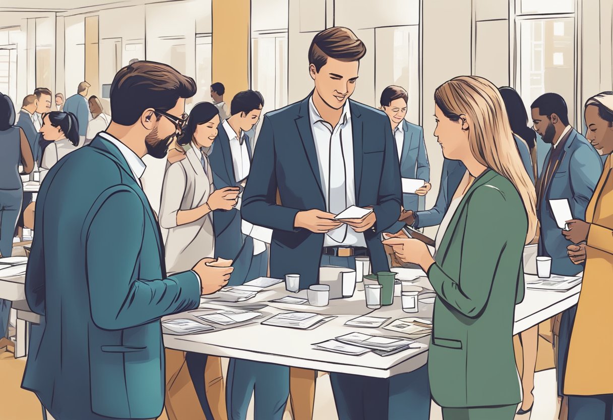 Proposal managers engaging in networking activities, exchanging business cards, and conversing at a professional event