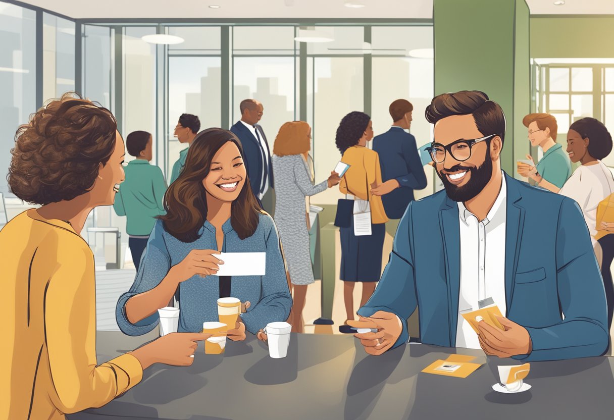 Proposal managers engage in lively conversations, exchanging business cards at a networking event. Tables are adorned with promotional materials and refreshments