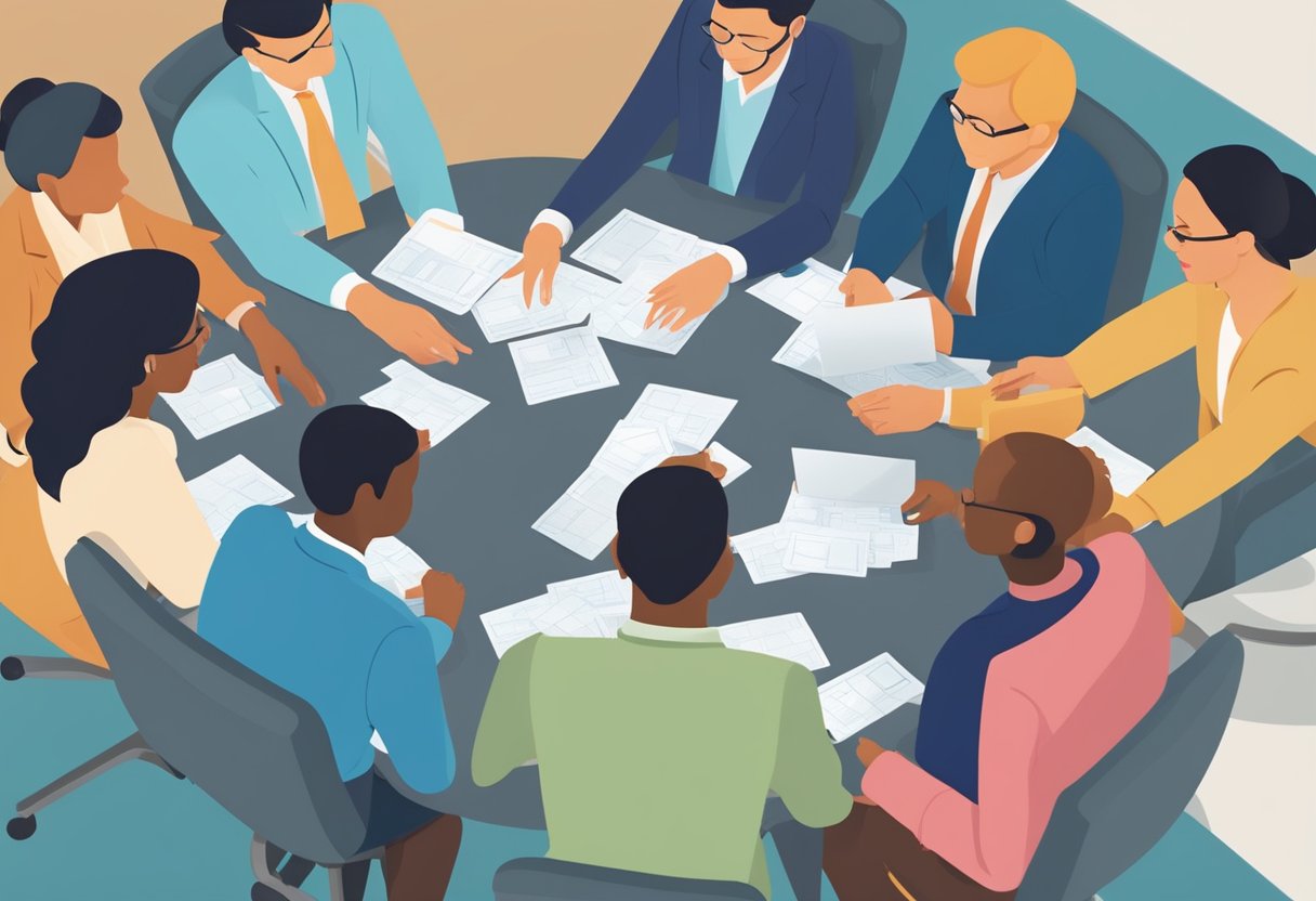 A group of professionals gather in a conference room, exchanging business cards and engaging in conversation. A web of connections forms as they discuss proposal management strategies