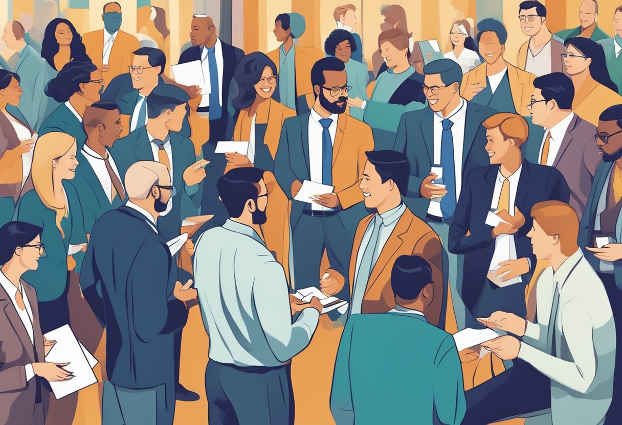 Proposal managers engage in networking at professional association events, exchanging business cards and discussing career advancement opportunities