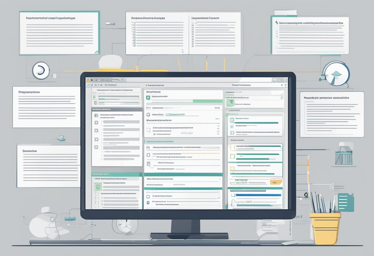 A computer screen displaying RFP software features with a checklist of response and analysis functions