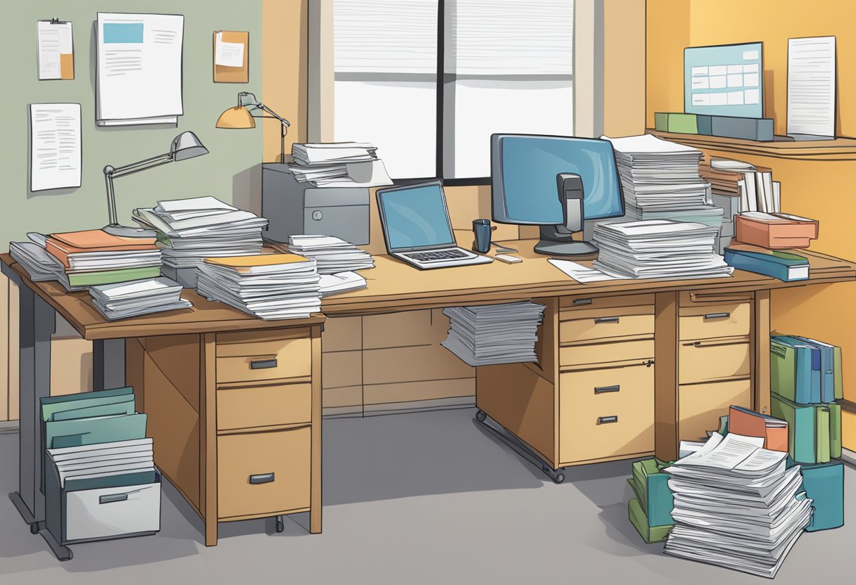 A desk with a computer, files, and a stack of papers. A sign reading 