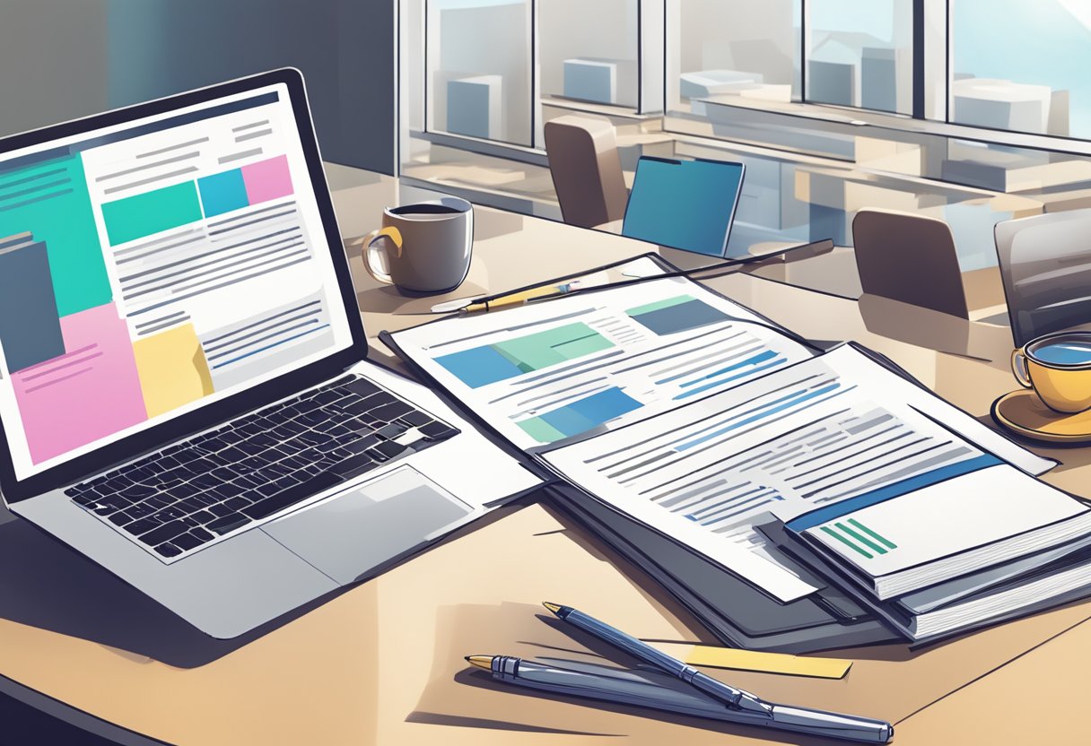 A stack of RFP response documents on a desk, surrounded by open laptops, pens, and a cup of coffee