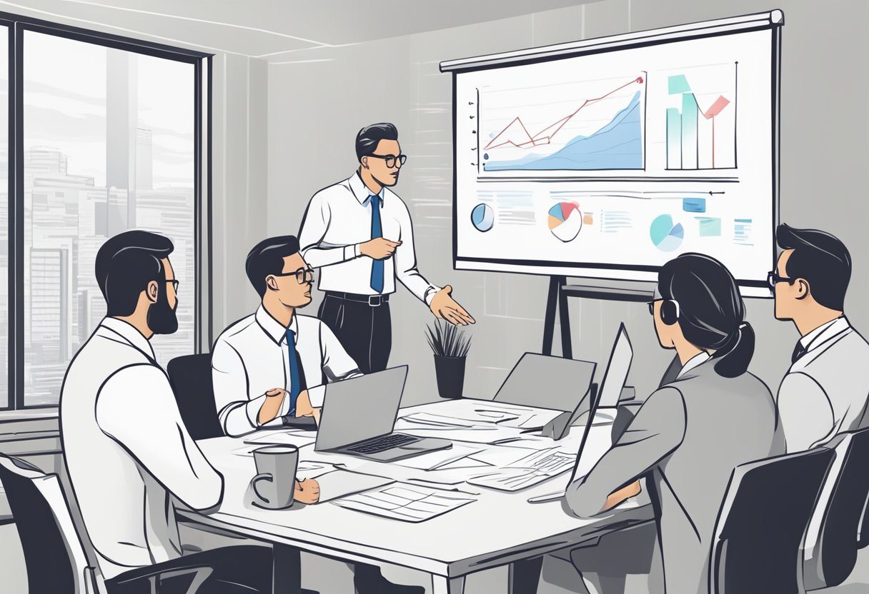 A team of professionals brainstorming, analyzing data, and collaborating on a whiteboard to develop a winning sales proposal strategy