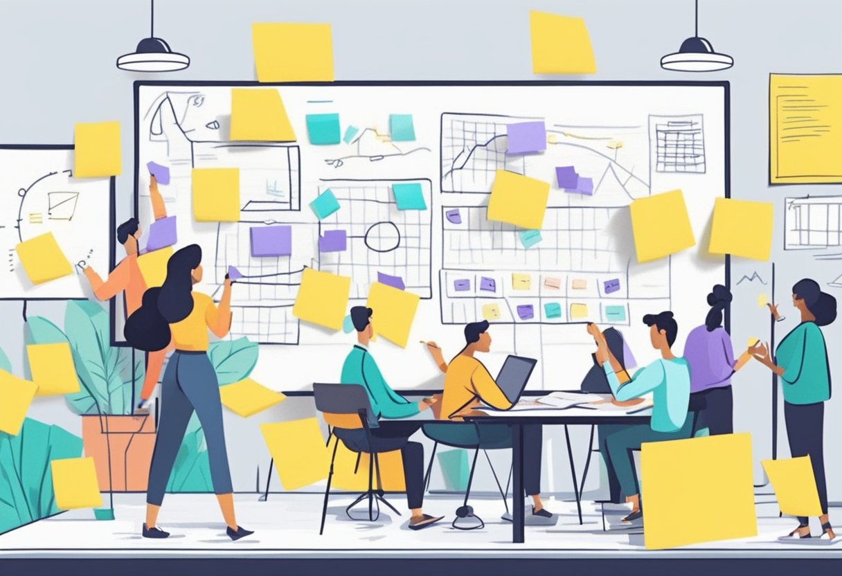 A team collaborates on a whiteboard, brainstorming and organizing ideas for a proposal. Post-it notes and markers are scattered across the table