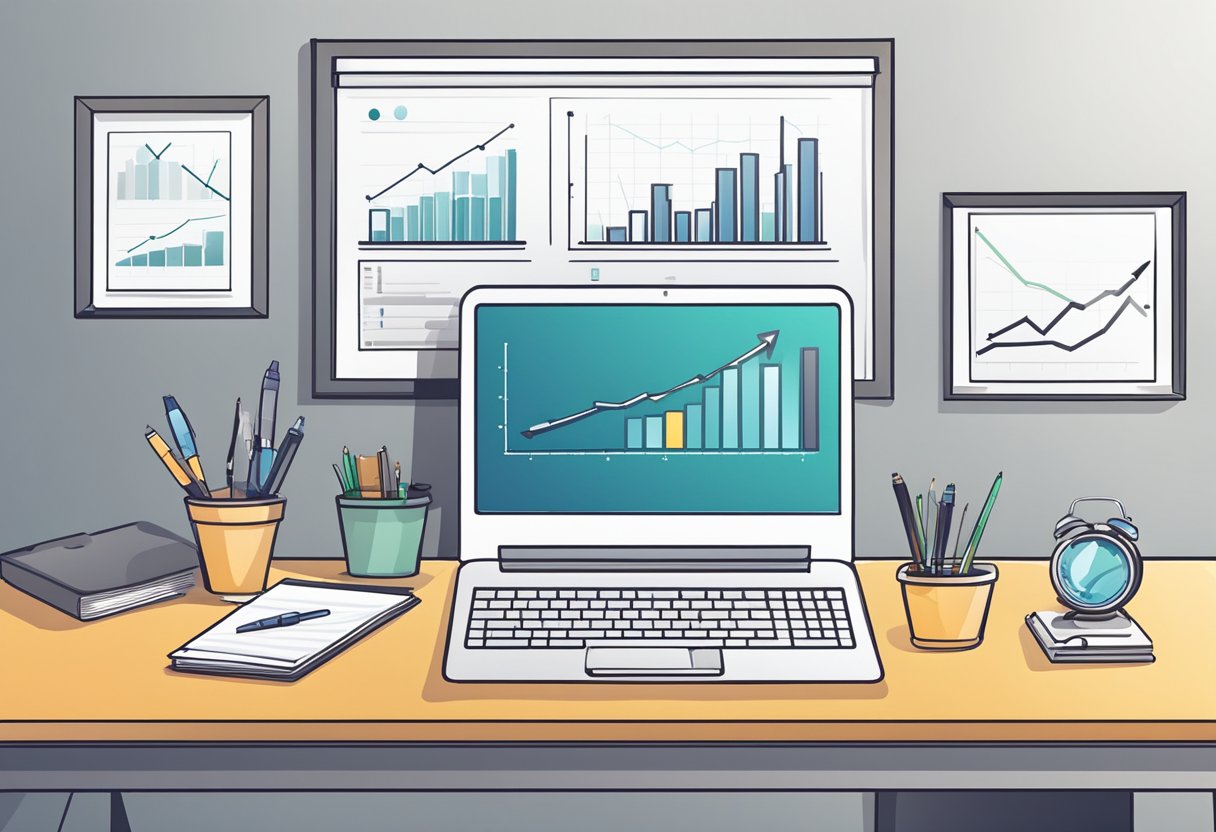 A desk with a laptop, pen, and paper. A graph and chart on the wall. Clean, professional setting