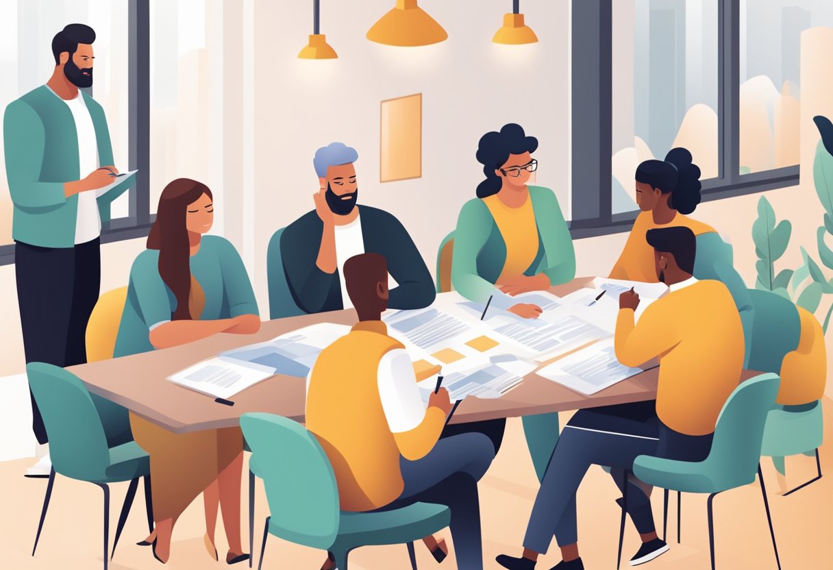 A group of people are gathered around a table, sharing ideas and customising proposal writing tools together. They are collaborating and brainstorming to create a successful proposal