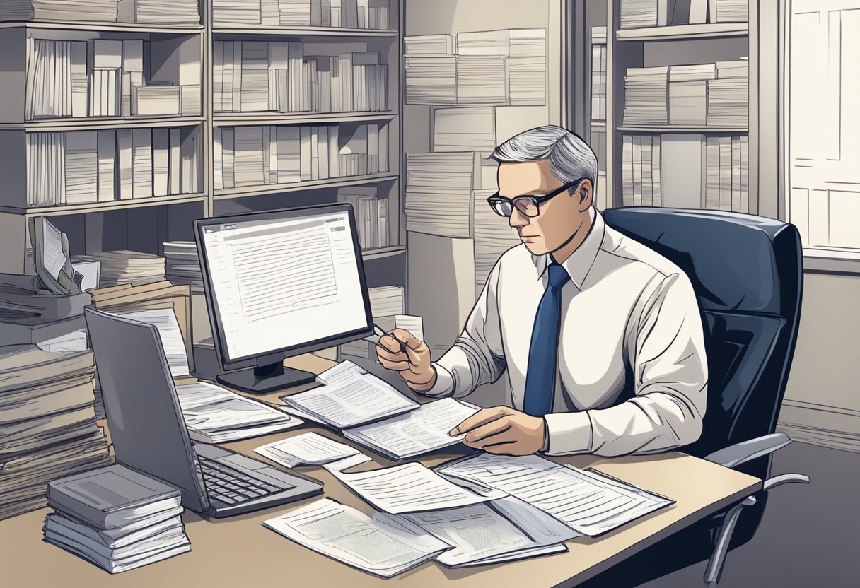 An SME owner carefully reviews bid writing techniques, surrounded by financial documents and a computer