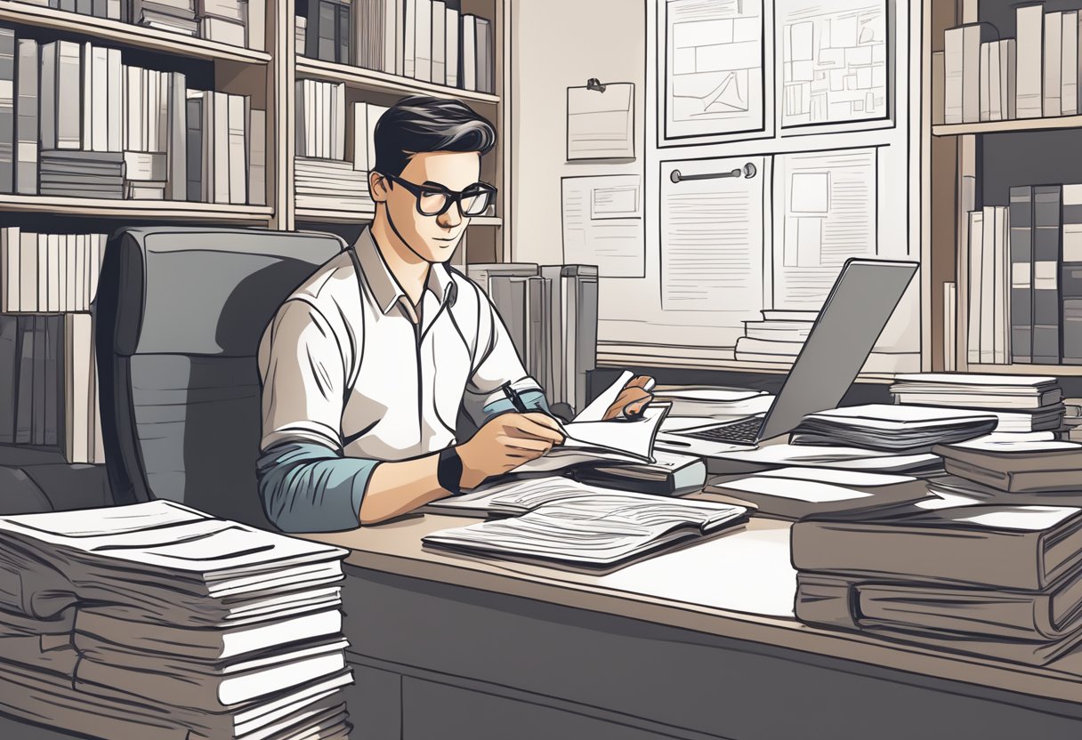 An SME owner diligently studies a guidebook on bid writing techniques, surrounded by paperwork and a computer