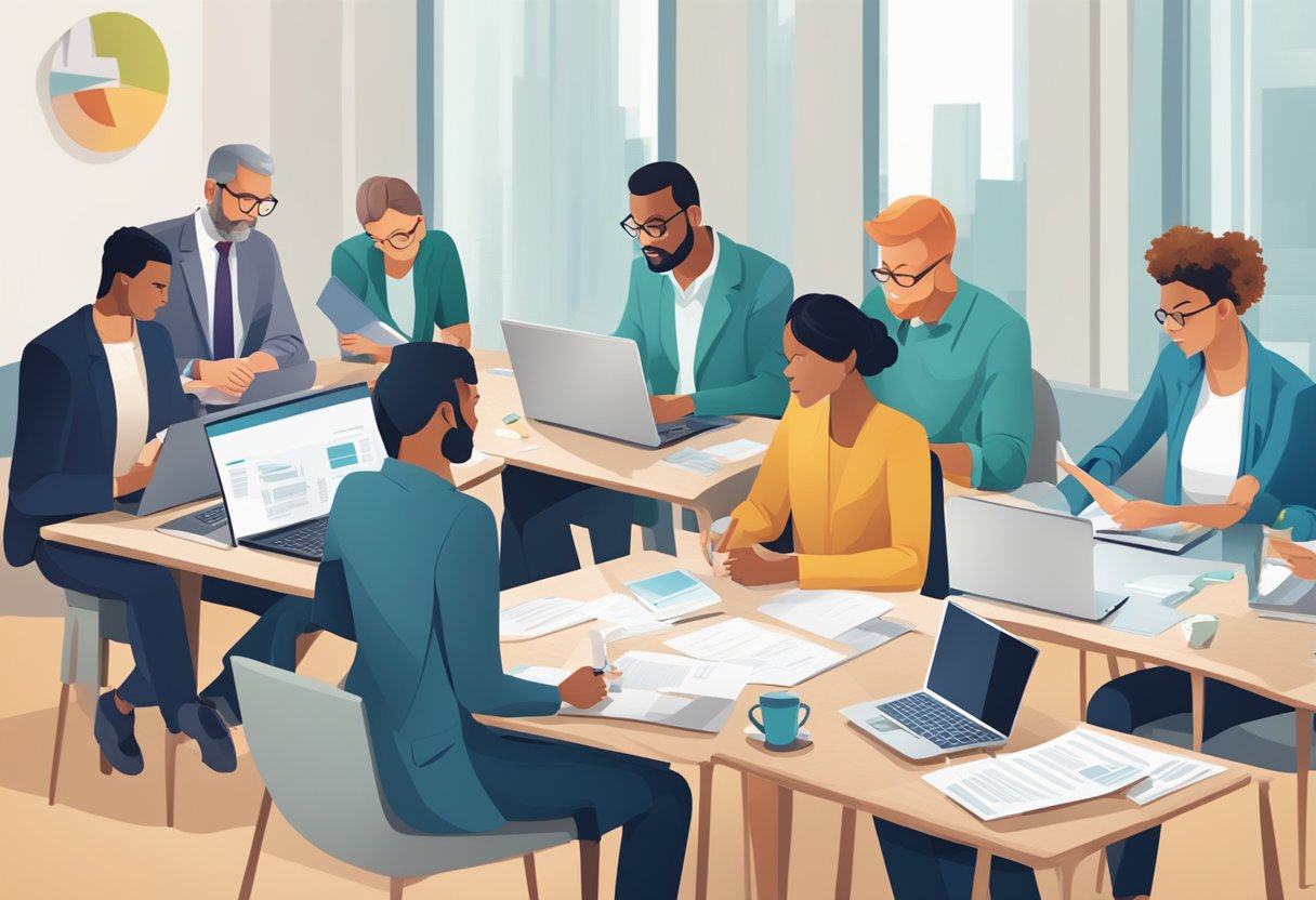 A group of people reviewing and comparing vendor proposals for a healthcare RFP. Tables filled with documents and laptops, with intense discussion and evaluation