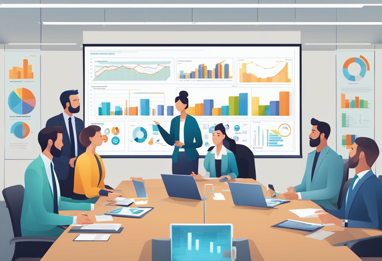 A team of professionals reviewing and discussing healthcare RFPs in a conference room with charts and data displayed on a large screen