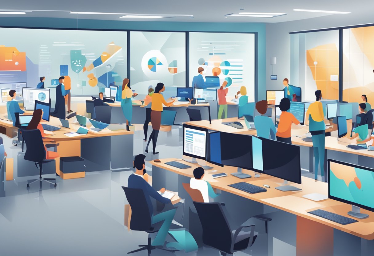 A bustling office with people collaborating, computer screens displaying marketing materials, and a conference room filled with corporate communications materials