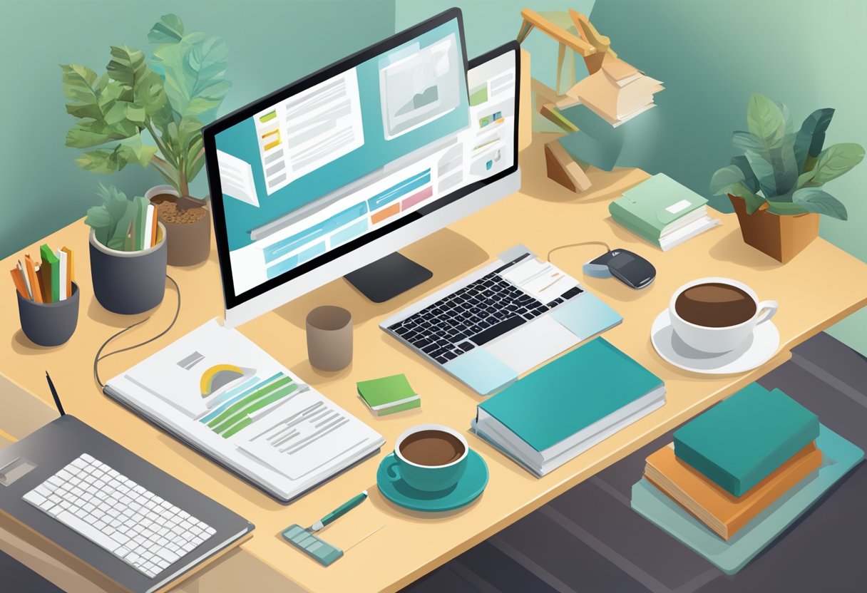 A desk with a computer displaying 