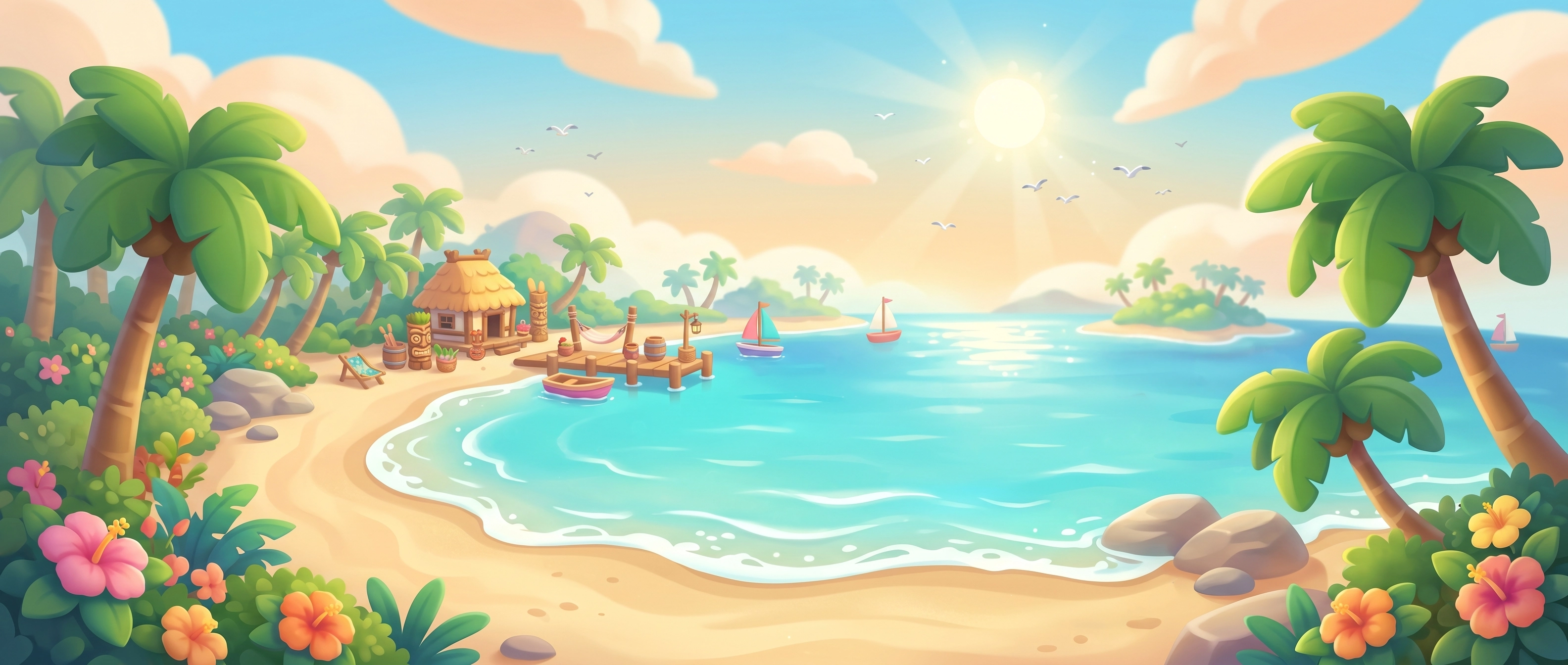 Casual game tropical beach background art with tiki hut, sailboats, palm trees, and vibrant flowers — 2D illustration for mobile game environment design