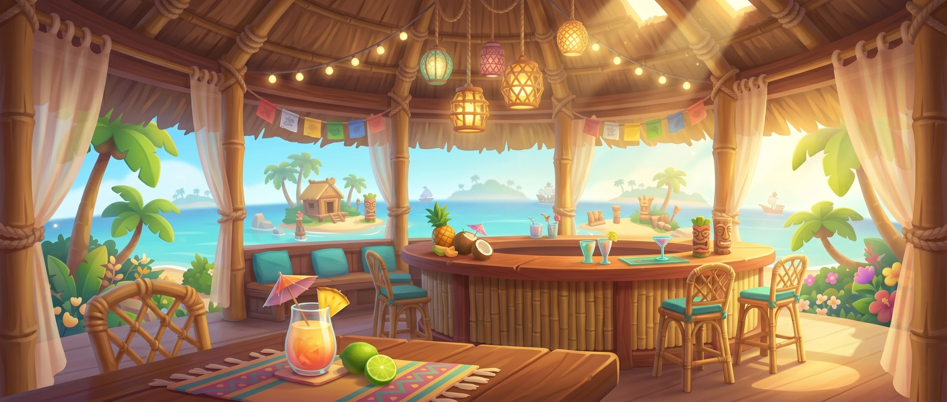 Casual game beach bar interior illustration with bamboo decor, tropical drinks, ocean view — game background art for mobile environment design