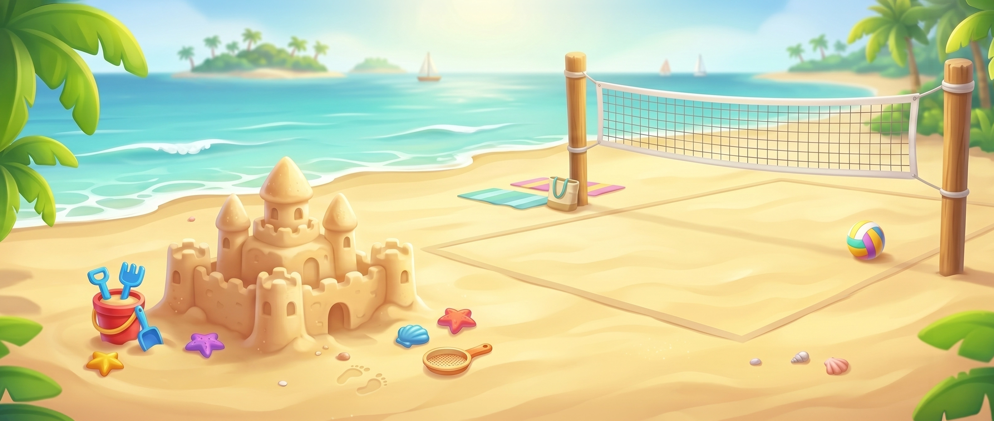 Casual game beach background with sandcastle, volleyball net, and seashells — 2D game environment illustration for mobile casual game