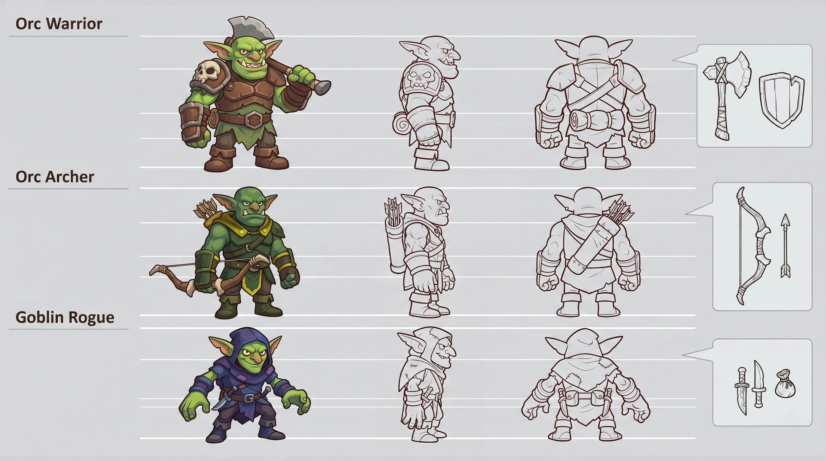 Chibi character design sheet for game — Orc Warrior, Orc Archer, Goblin Rogue with multi-angle views and weapon icons, game art outsourcing