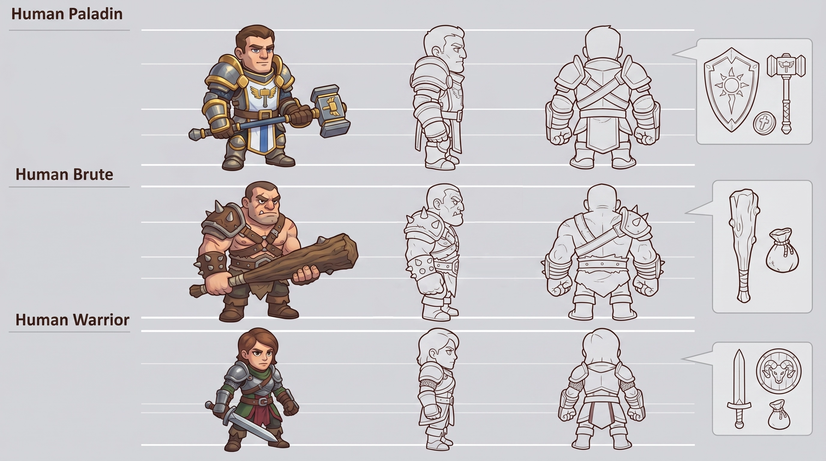 Chibi game character design sheet — Human Paladin, Brute, and Warrior with colored art and grayscale views, game art outsourcing studio