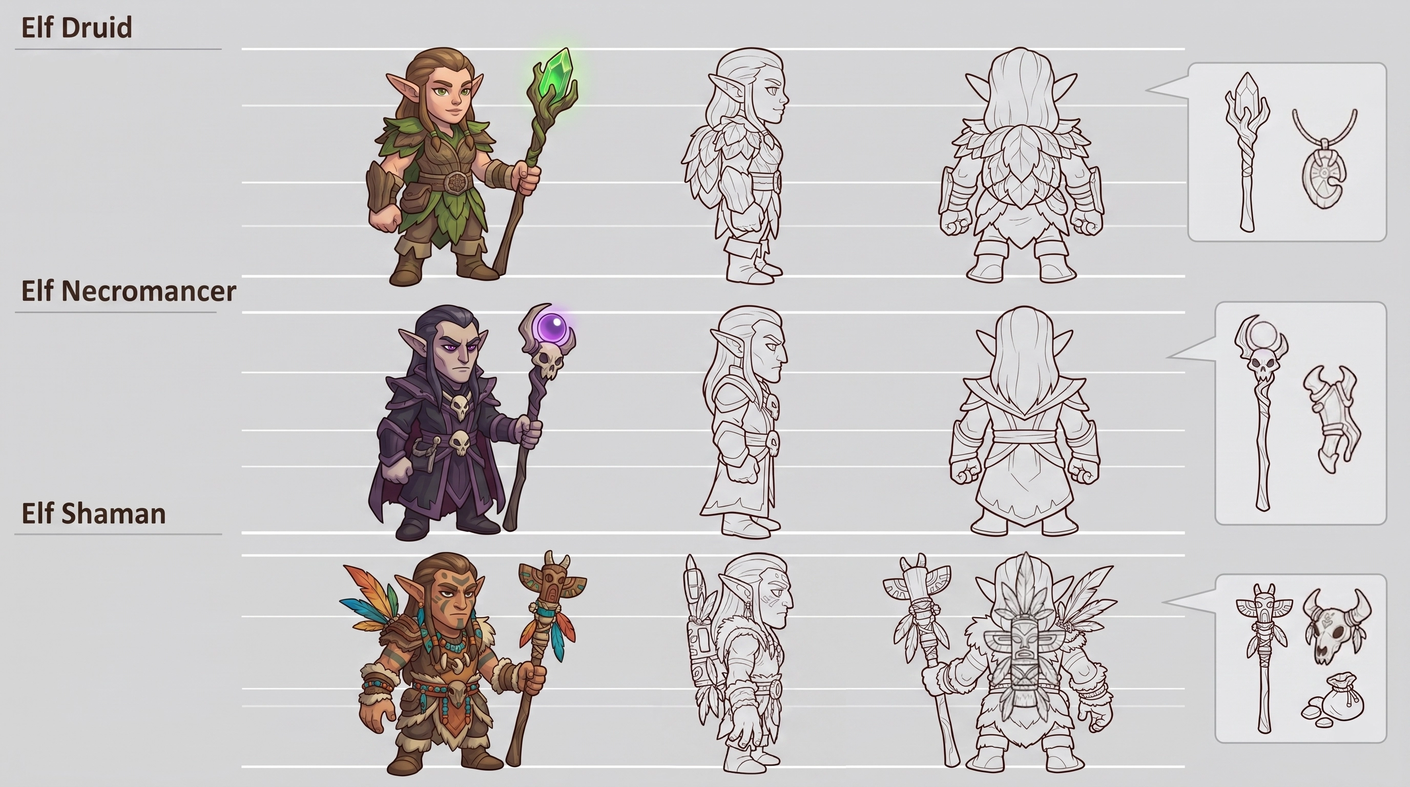 Chibi elf character design sheet — Druid, Necromancer, and Shaman with colored and sketch views, fantasy game art production