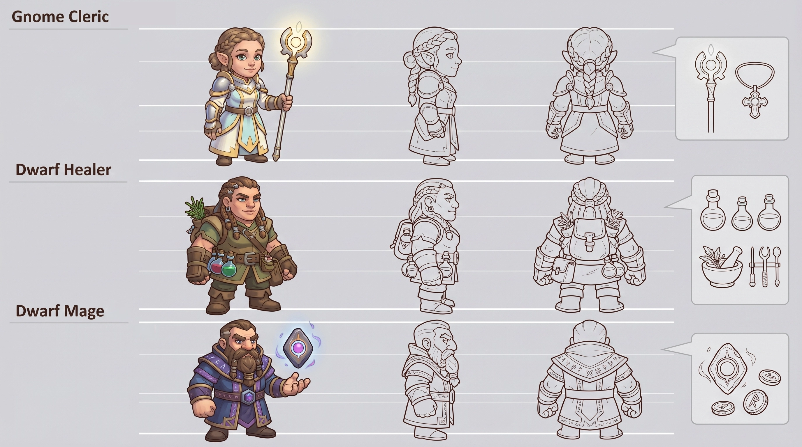 Chibi fantasy character sheet — Gnome Cleric, Dwarf Healer, Dwarf Mage with full-color and sketch views, game character design service
