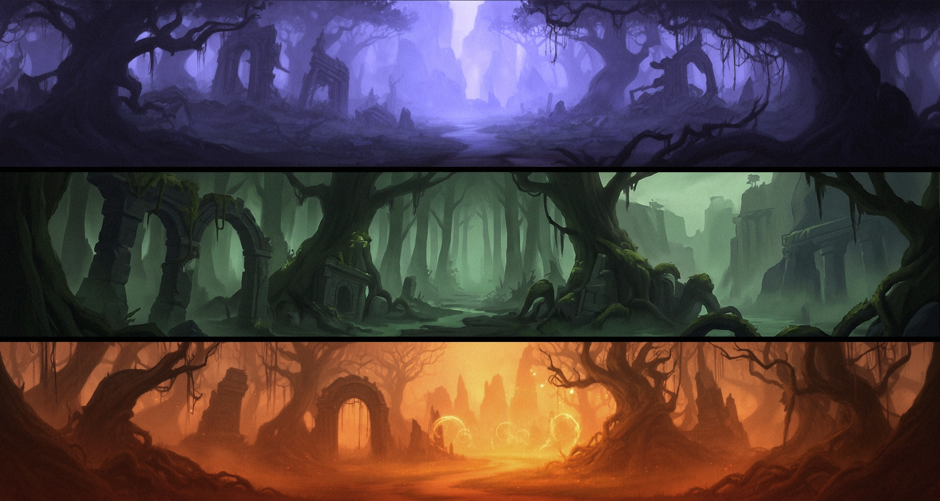 Fantasy forest environment color study — purple, green, and orange mood variations with ruins and twisted trees, game concept art outsourcing