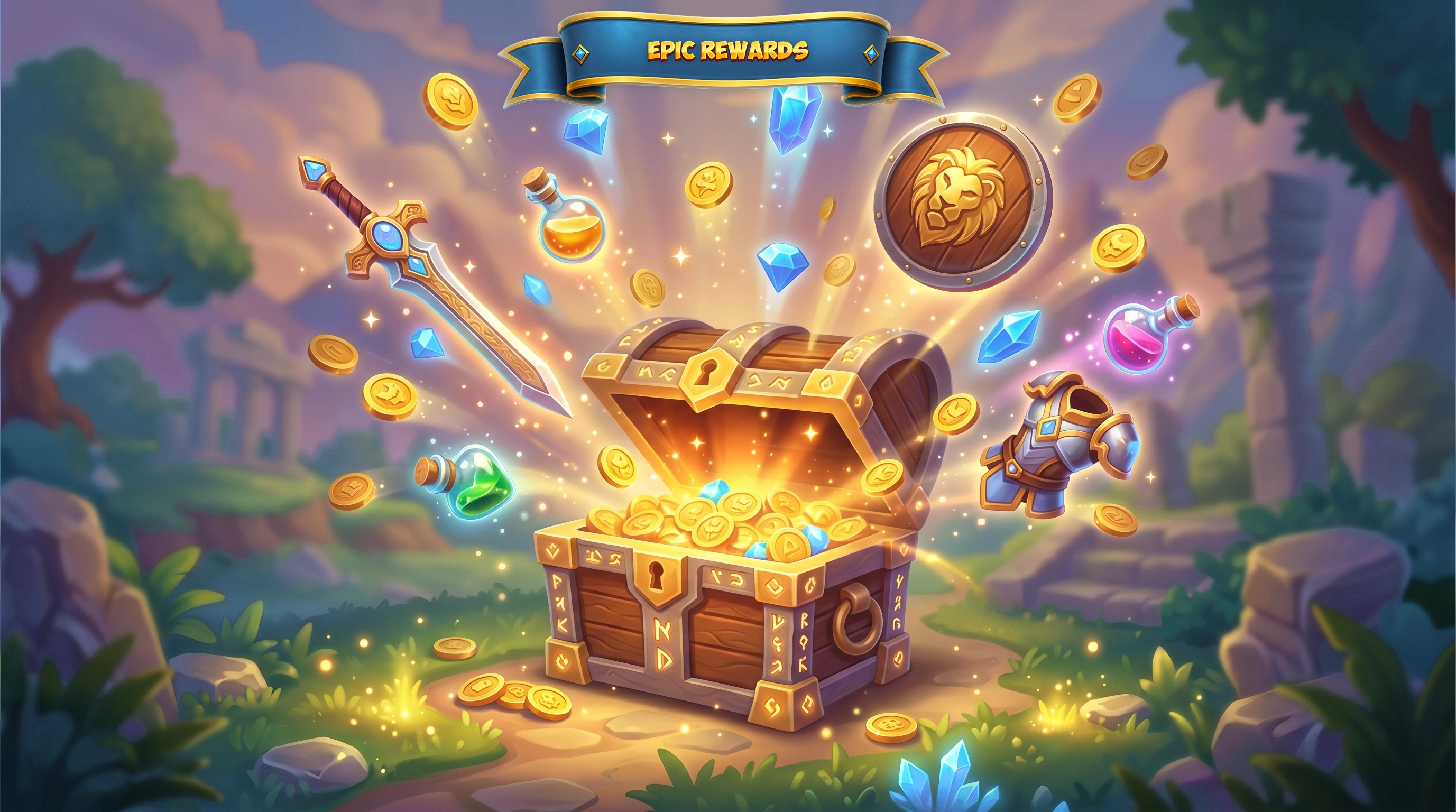 Hero Quest epic rewards screen art — glowing treasure chest with coins, weapons, and items for mobile RPG game illustration