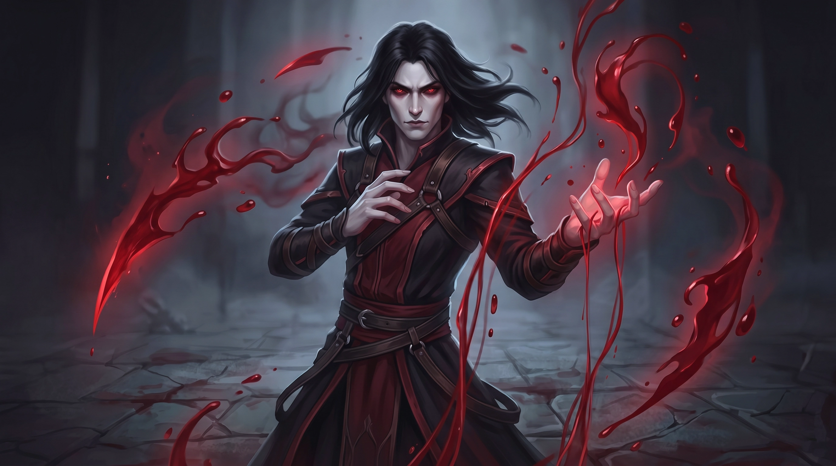 Blood mage dark fantasy character art — pale sorcerer with red magic tendrils in a dungeon, RPG game character design by ArtHouse Labs