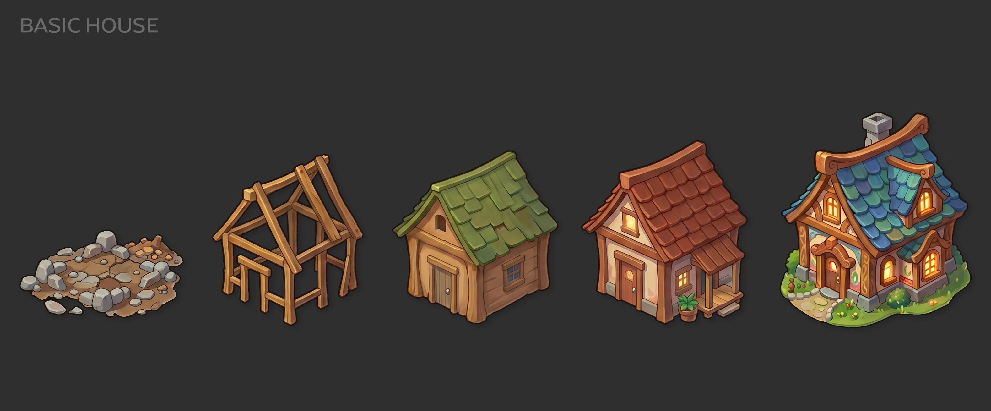Medieval basic house upgrade progression art — 5-stage isometric building evolution from ruins to cottage, game asset design for mobile strategy