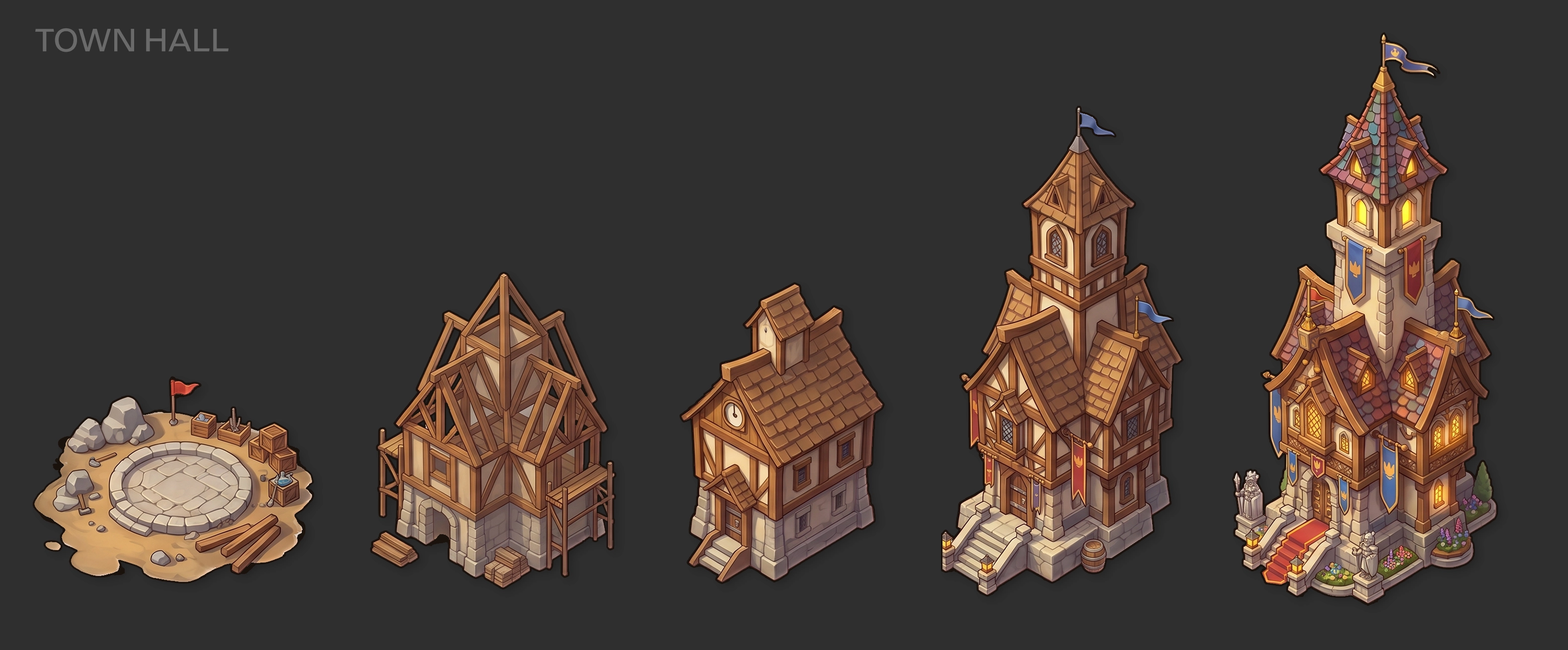 Medieval town hall upgrade progression — 5 isometric stages from foundation to decorated tower, mobile strategy game building art
