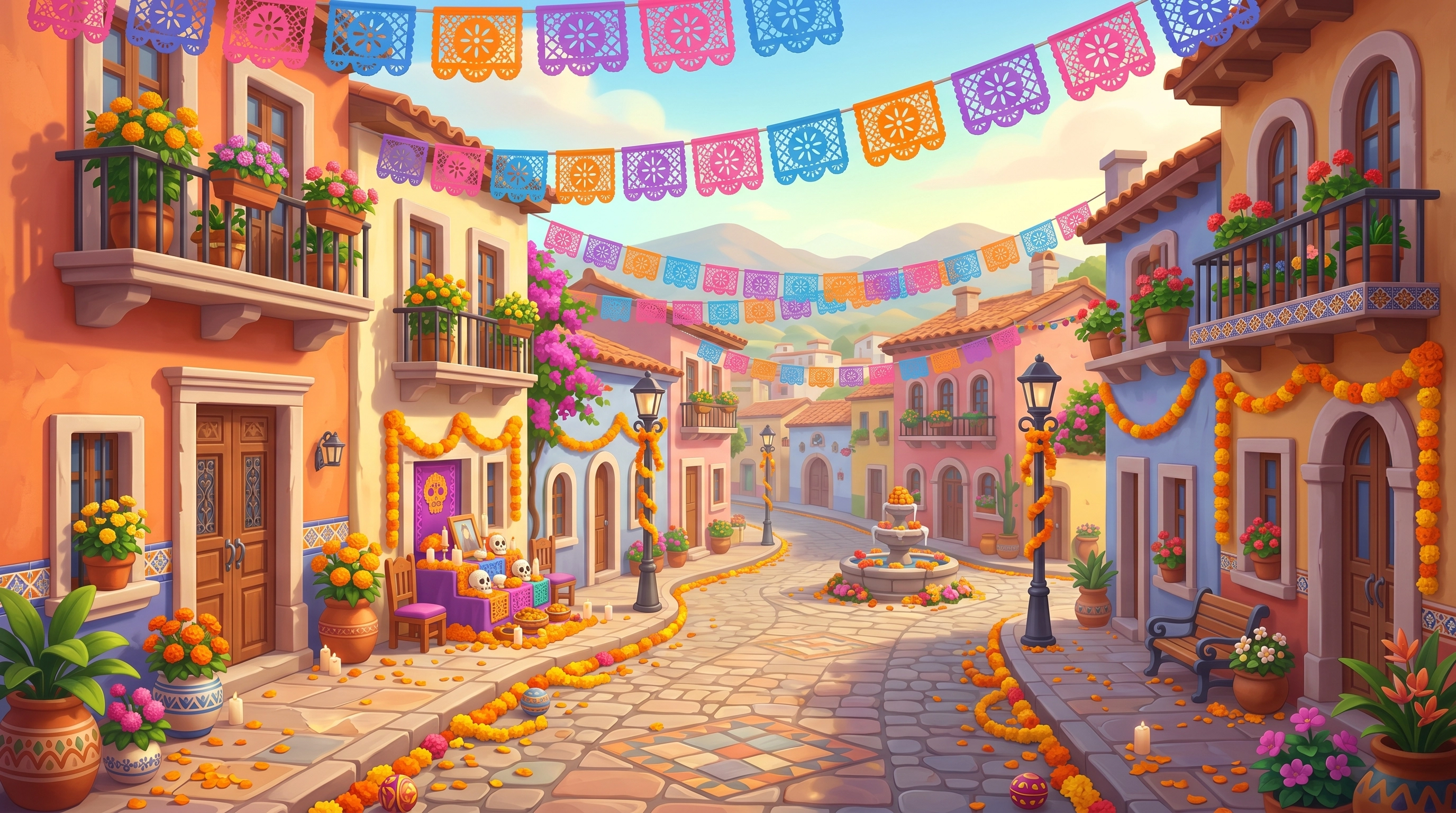 Day of the Dead game background art — Mexican street with papel picado, marigolds, and ofrenda altar, 2D illustration for mobile game environment