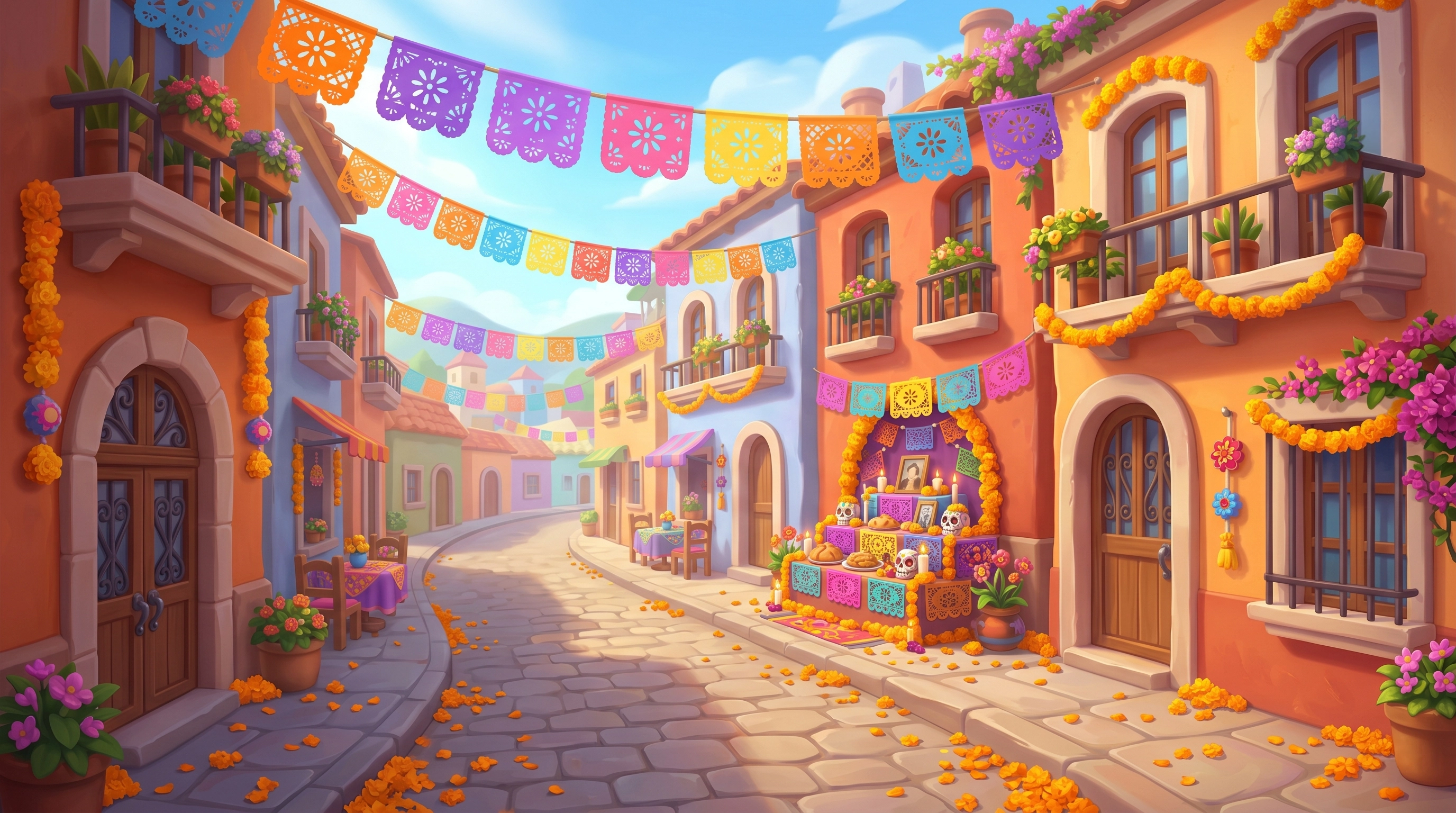 Mexican festive street background for game — colorful buildings, papel picado, and Day of the Dead altar, 2D game environment illustration