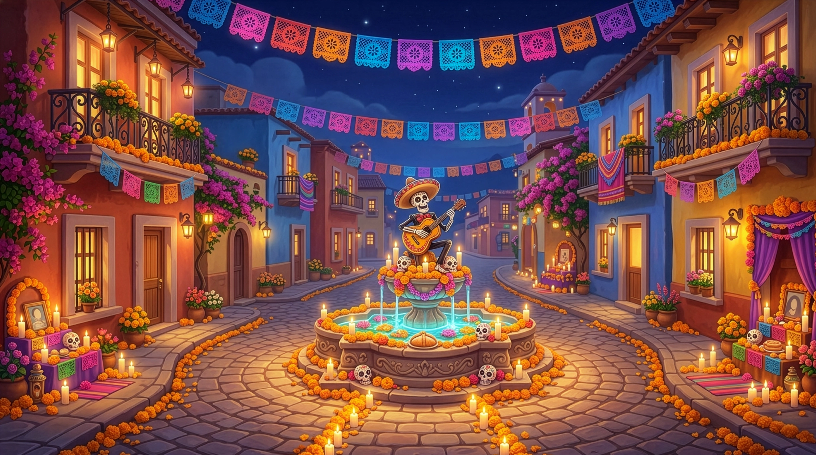 Day of the Dead night plaza game background — mariachi skeleton on fountain with marigolds and candles, 2D illustration for mobile game