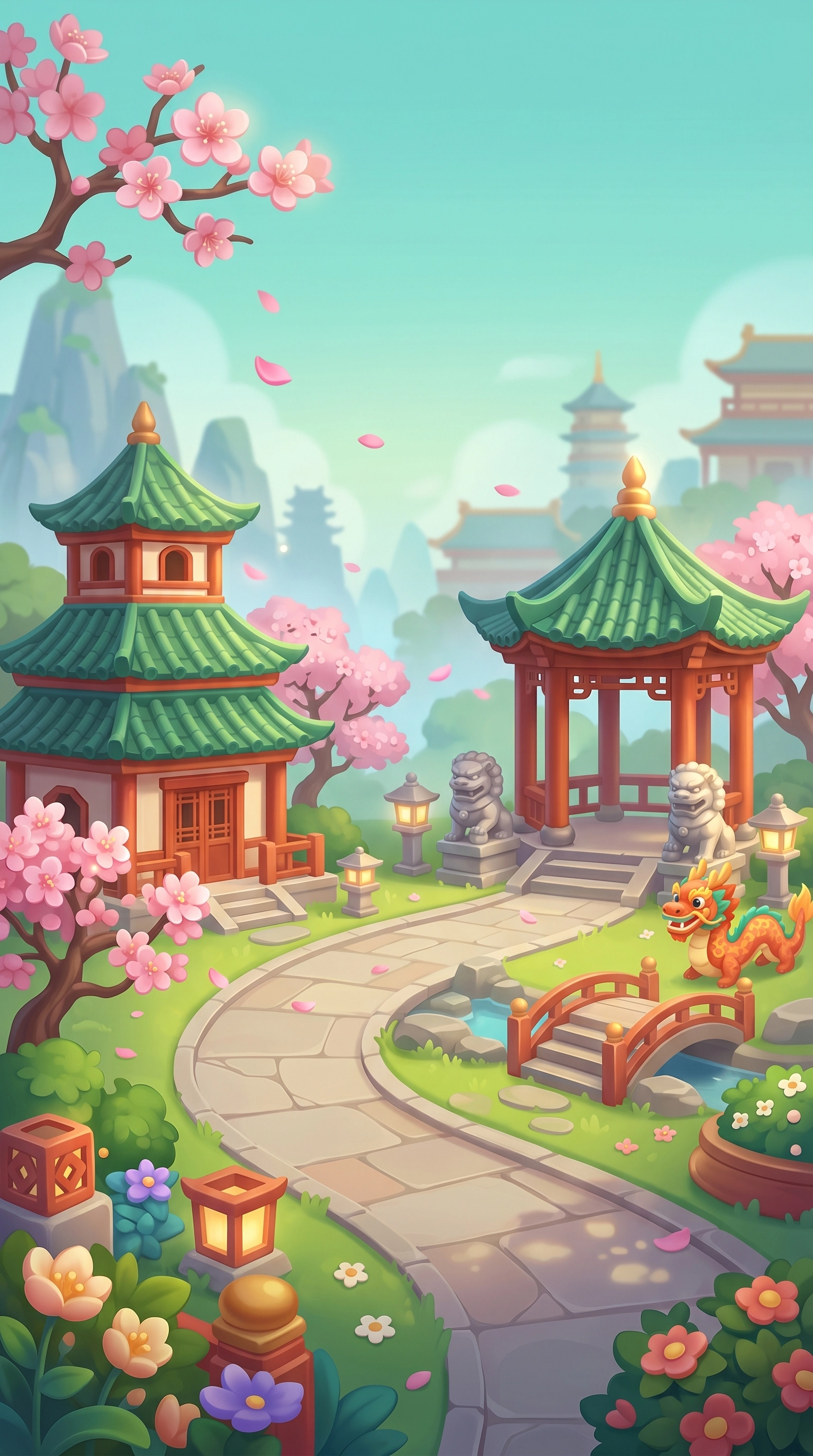 Chinese garden casual game background — pagodas, cherry blossoms, lion statues, and dragon, mobile game 2D environment art for city builder