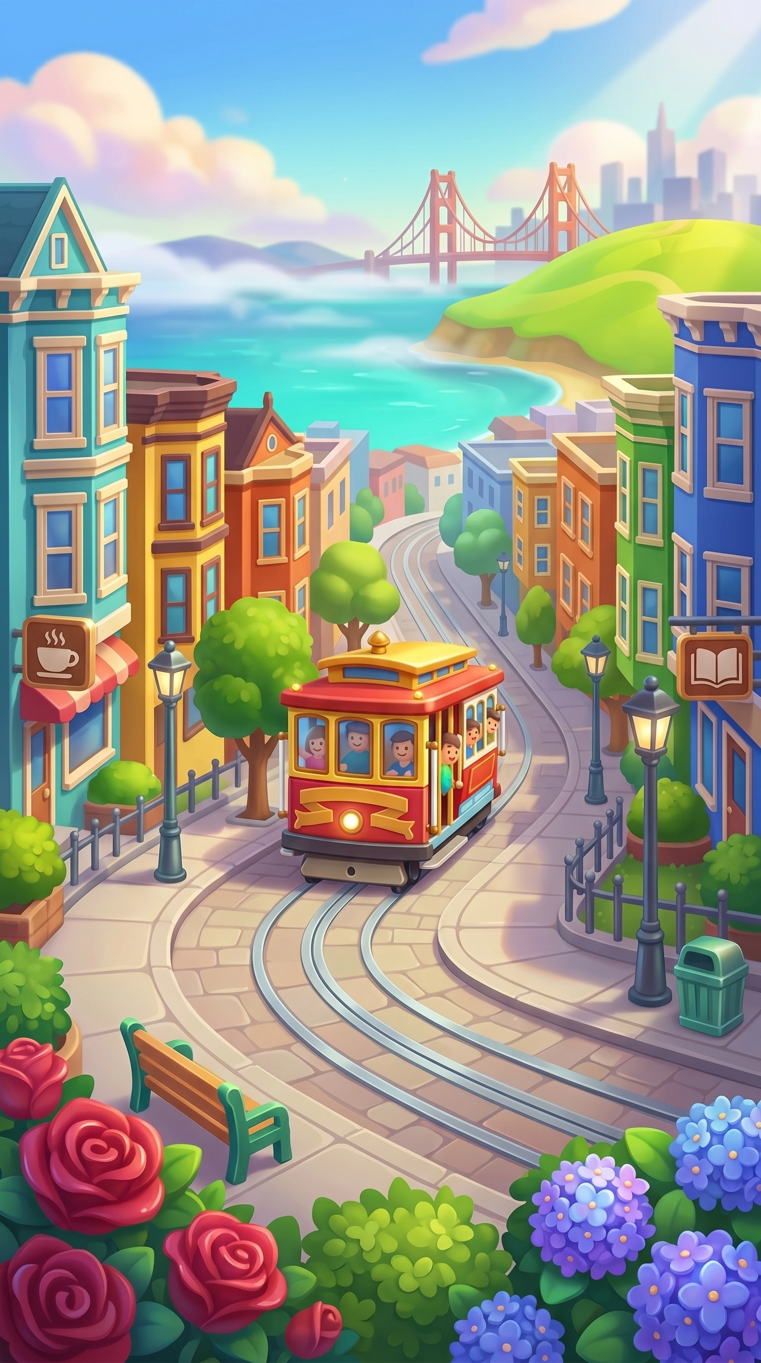 San Francisco casual game background — cable car, Victorian buildings, Golden Gate Bridge, 2D mobile game environment art for city builder