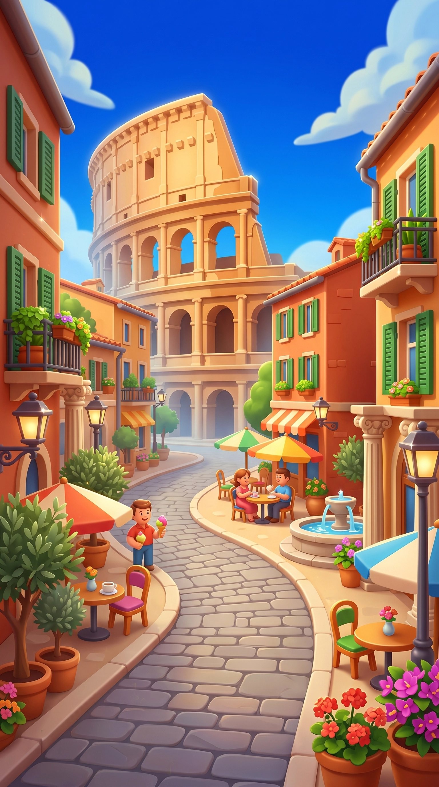 Rome casual game background — Colosseum, cobblestone streets, outdoor cafe, 2D mobile game environment art for casual city builder