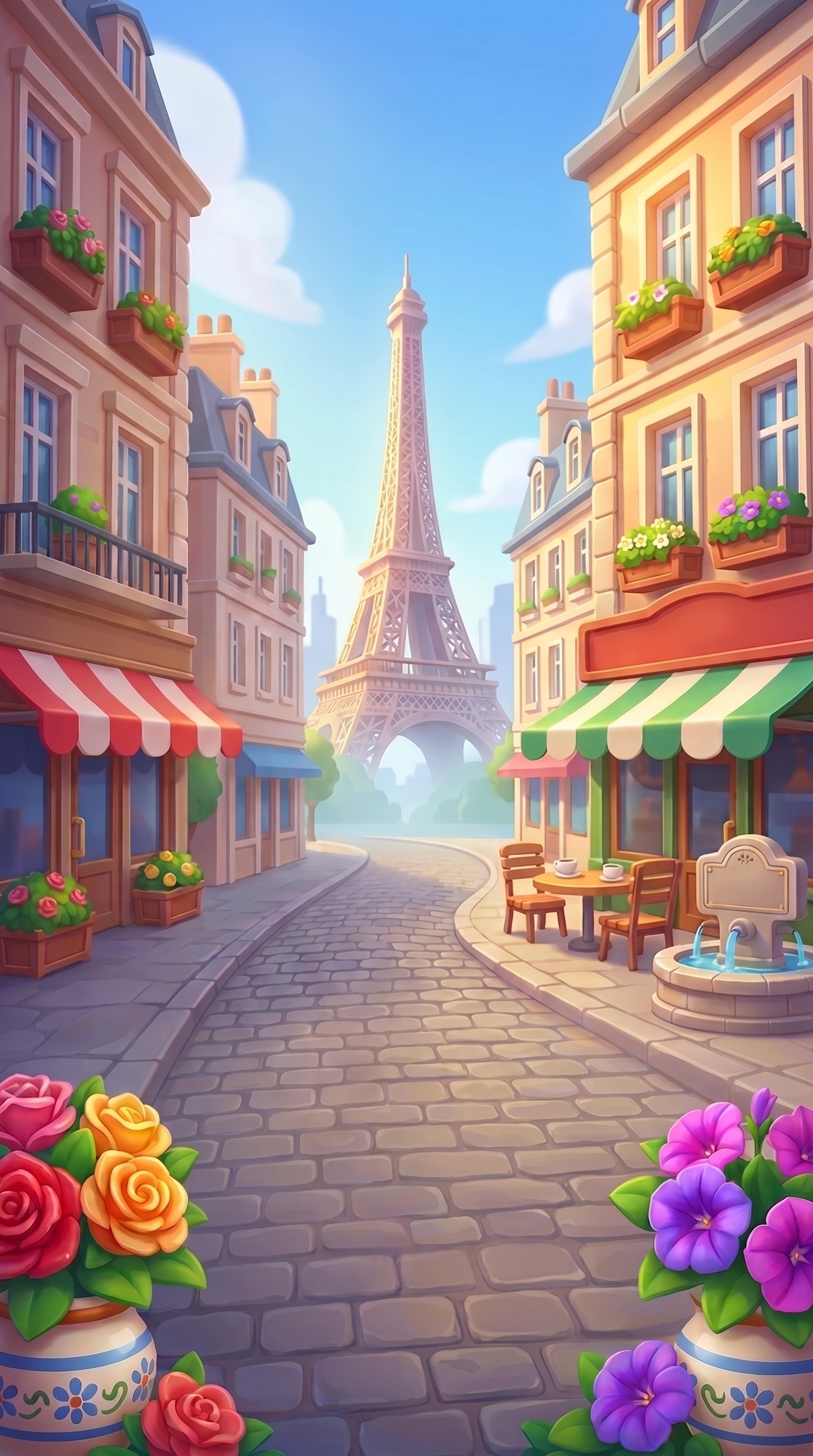 Paris casual game background — Eiffel Tower street view with cafe and fountain, 2D mobile game environment illustration for city builder