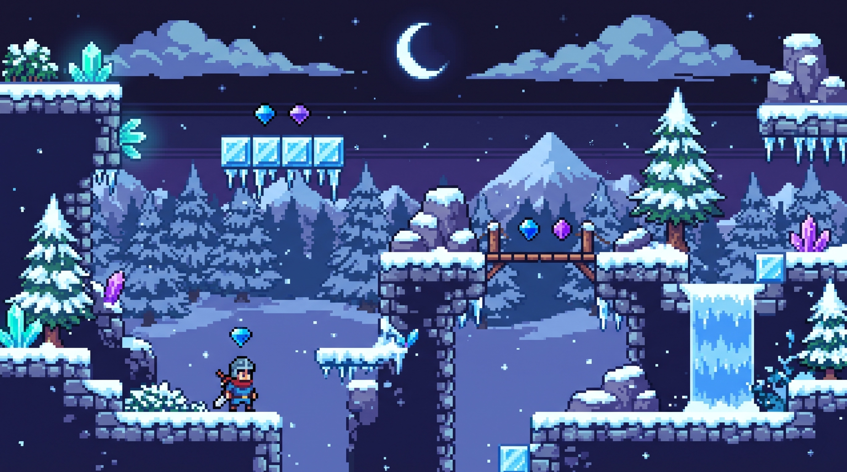 Pixel art platformer winter level — knight on icy platforms with crystals and snowy trees at night, retro game art for 2D mobile platformer